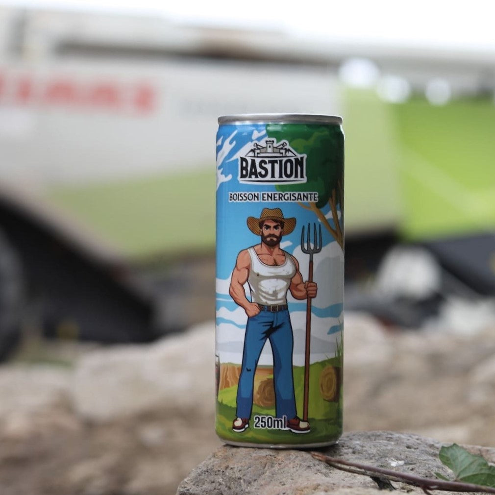 Boisson Energisante Francaise Bastion avec une moissonneuse